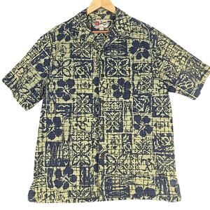 Hilo Hattie Hawaiian Original Batik Shirt Mens Large Short Sleeve Blue Yellow